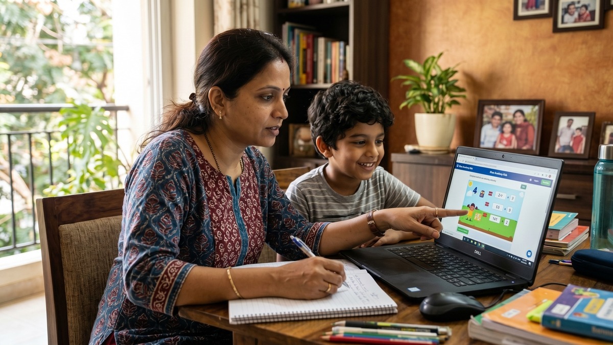 Indian mother helping child with computer-based learning at home desk - replace tuition with computer