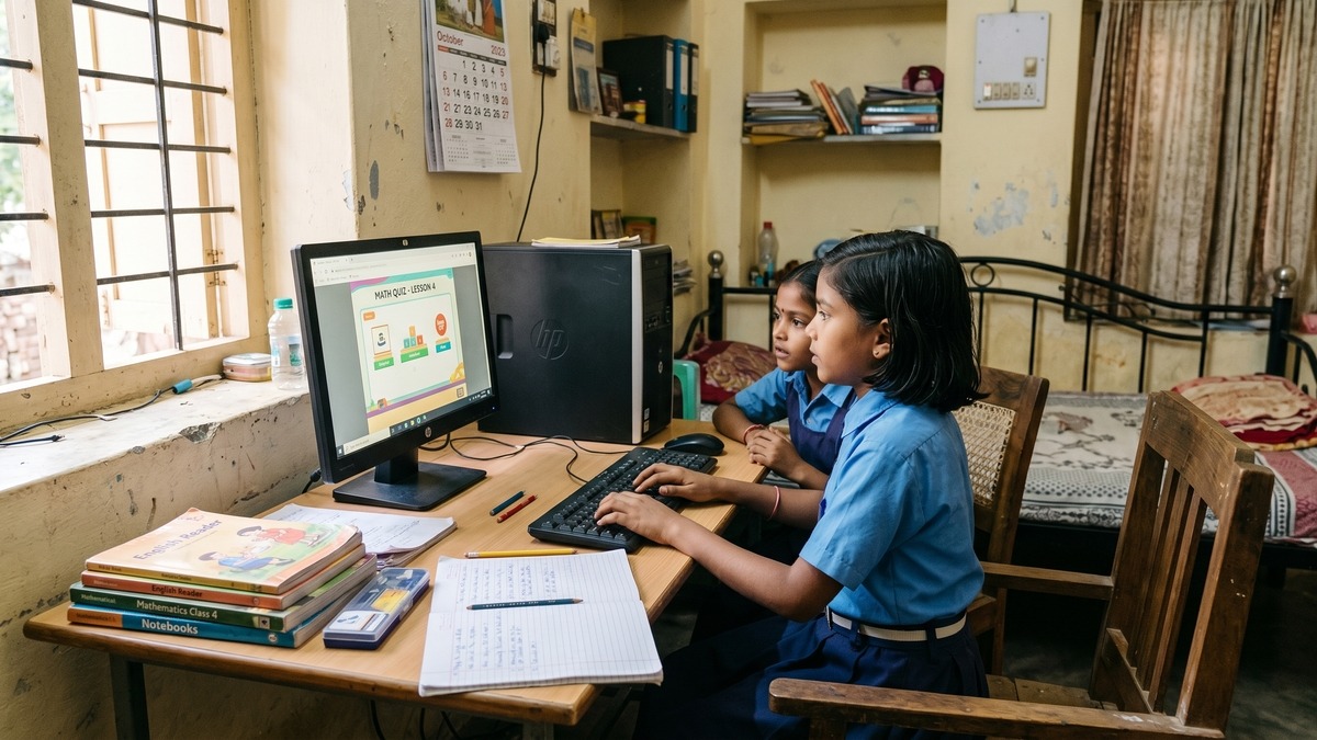 Indian children using desktop computer for education - learning computer India
