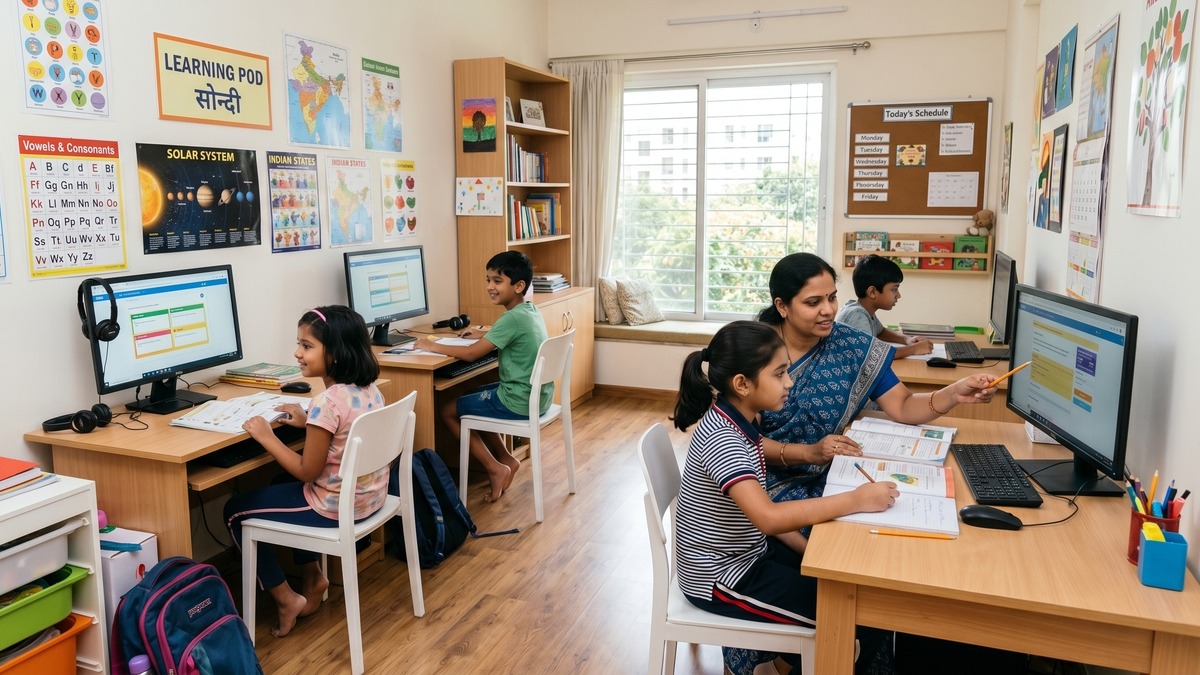 Modern home-based POD setup with computers and engaged students - POD vs tuition center