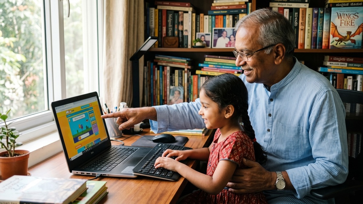 Indian grandfather teaching child computer skills - grandparents digital learning