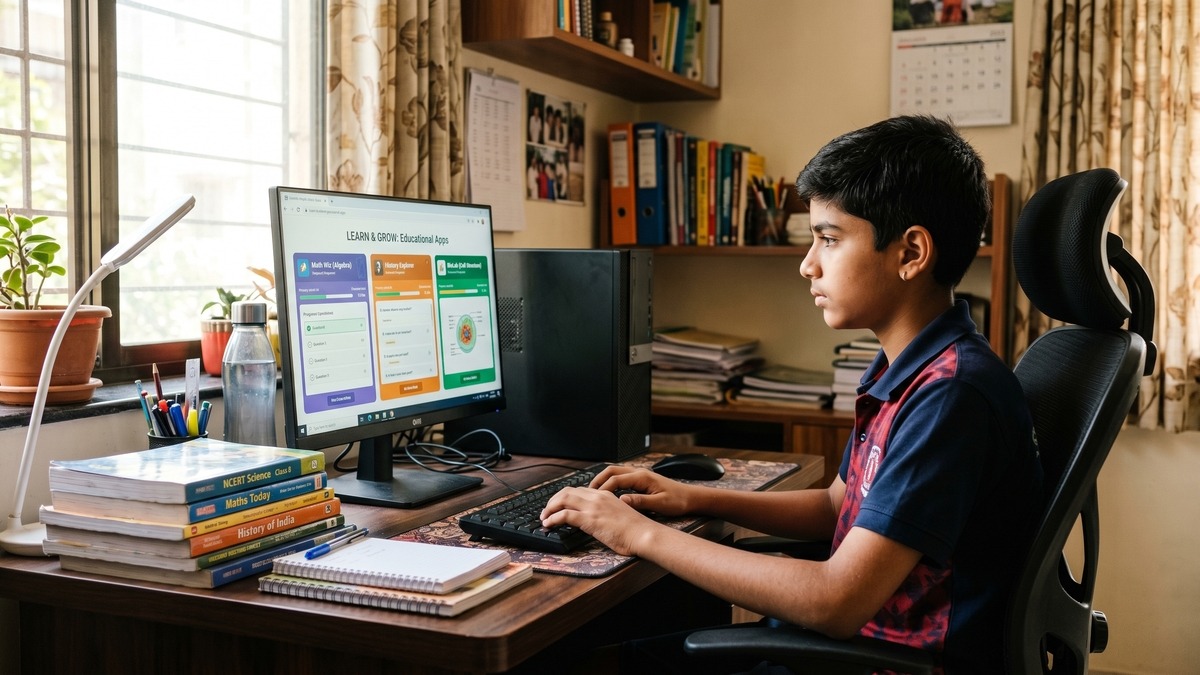 Indian student using APNA PC computer for online learning - replace tuition with computer