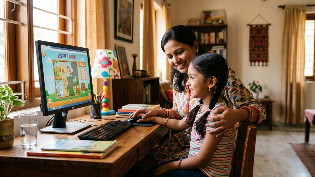 Indian mother and child learning together at computer - learning computer India
