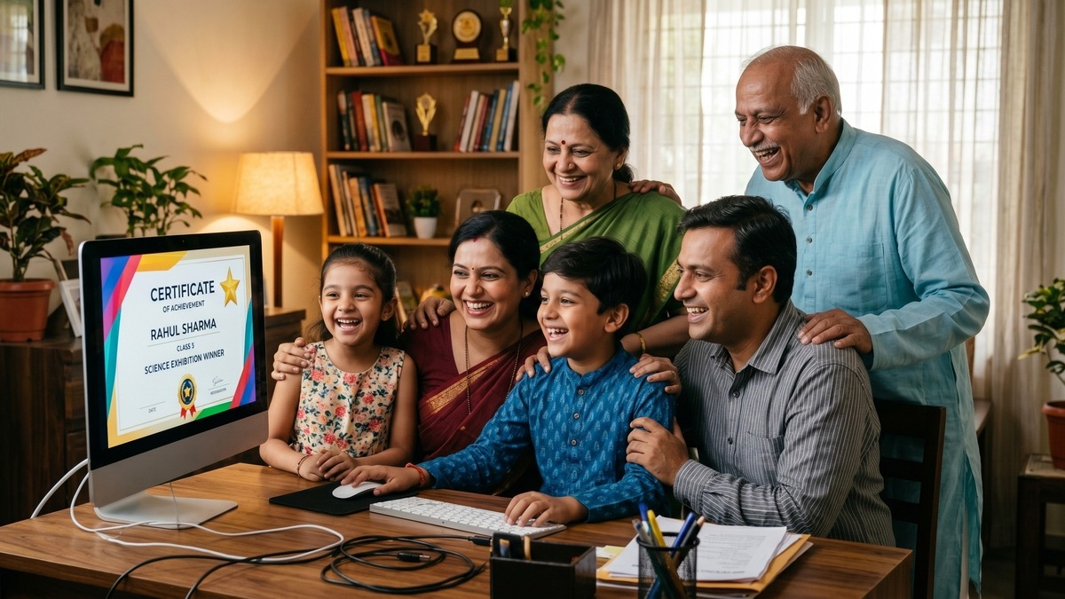 Indian family with grandparents and children at computer - grandparents digital learning