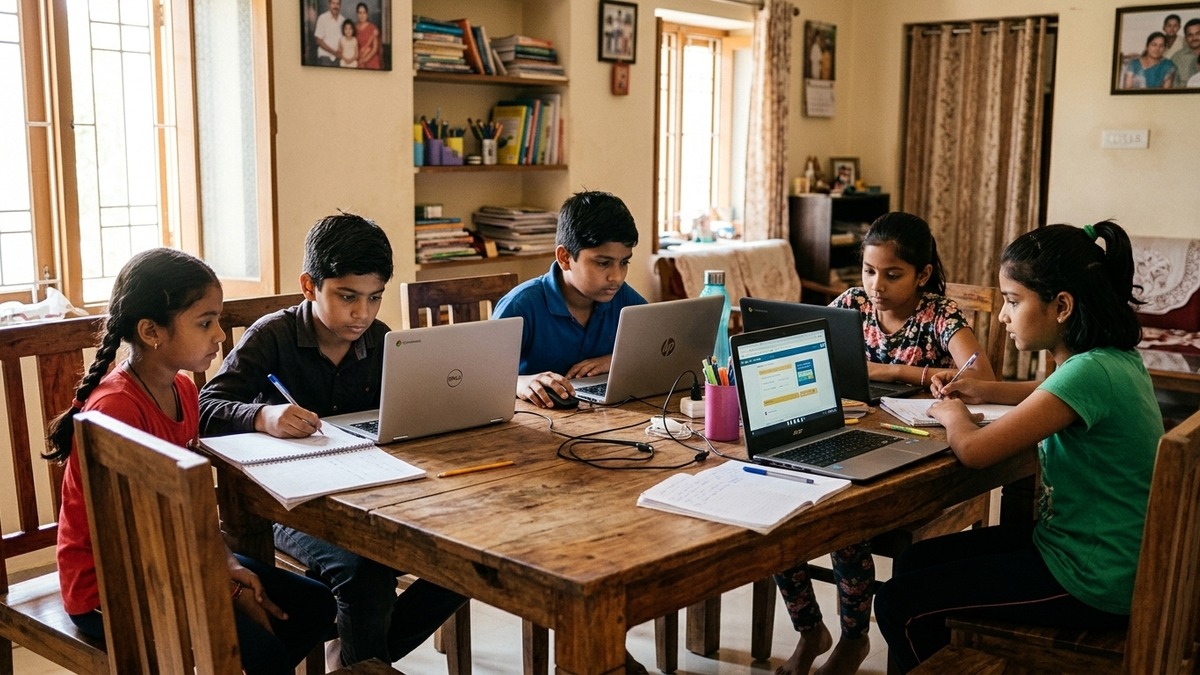Indian children sitting around a table with laptops in a learning POD at home setting