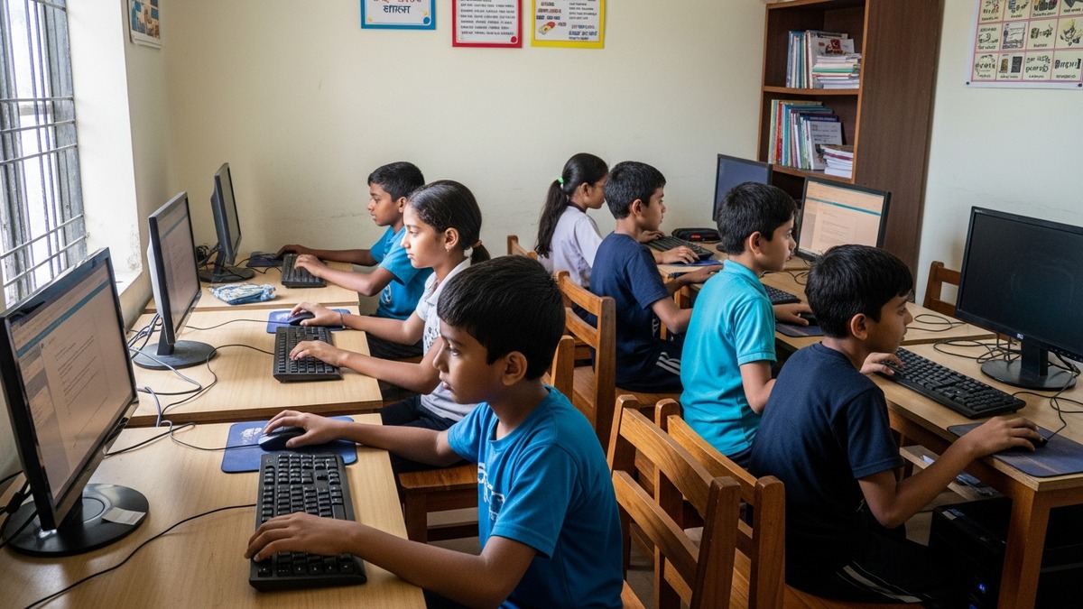 Children learning at computers in a learning POD India home setup