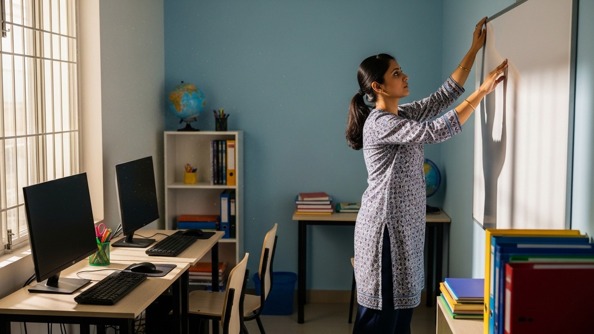 Homemaker setting up a learning POD India classroom