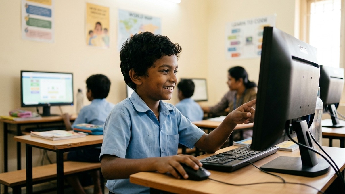 Indian child studying happily on computer in learning POD vs tuition environment
