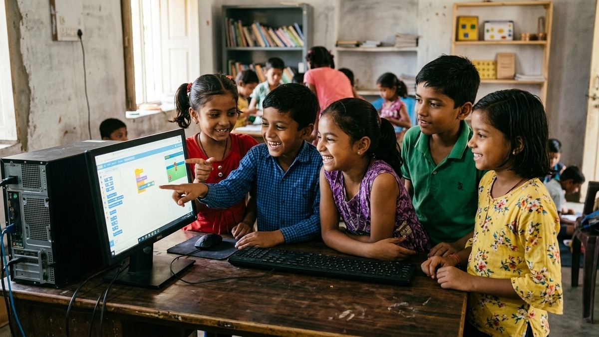 Group of Indian children collaborating on computer in learning POD vs tuition community space