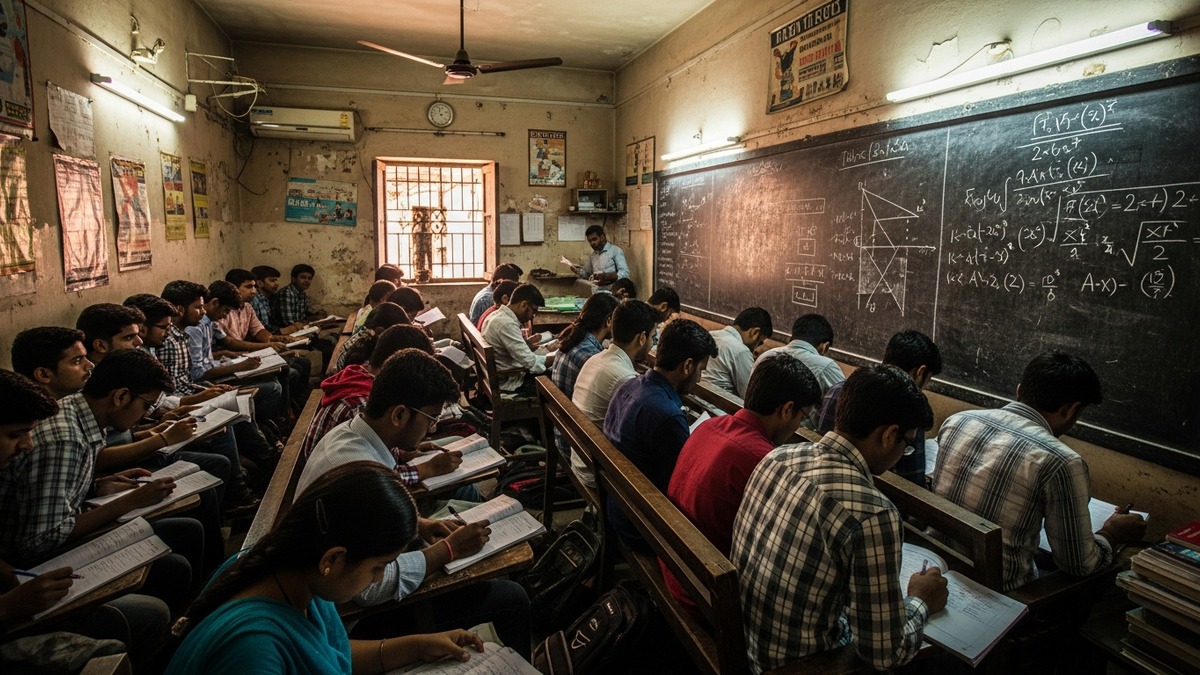 Crowded coaching center in small town India showing why POD small town India is needed