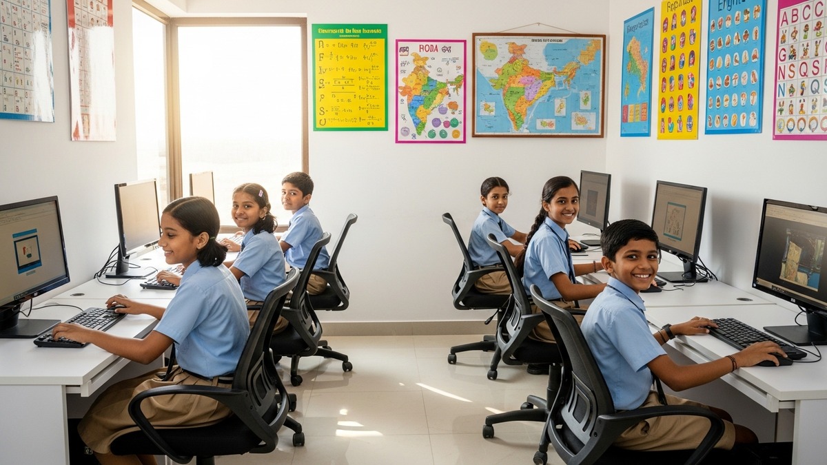 Modern POD learning center in small town India with children at computers