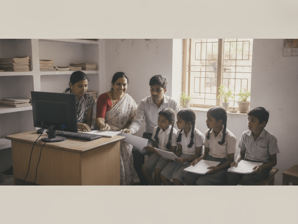 Community mentor guiding children at a digital learning POD with a CSR programme visitor