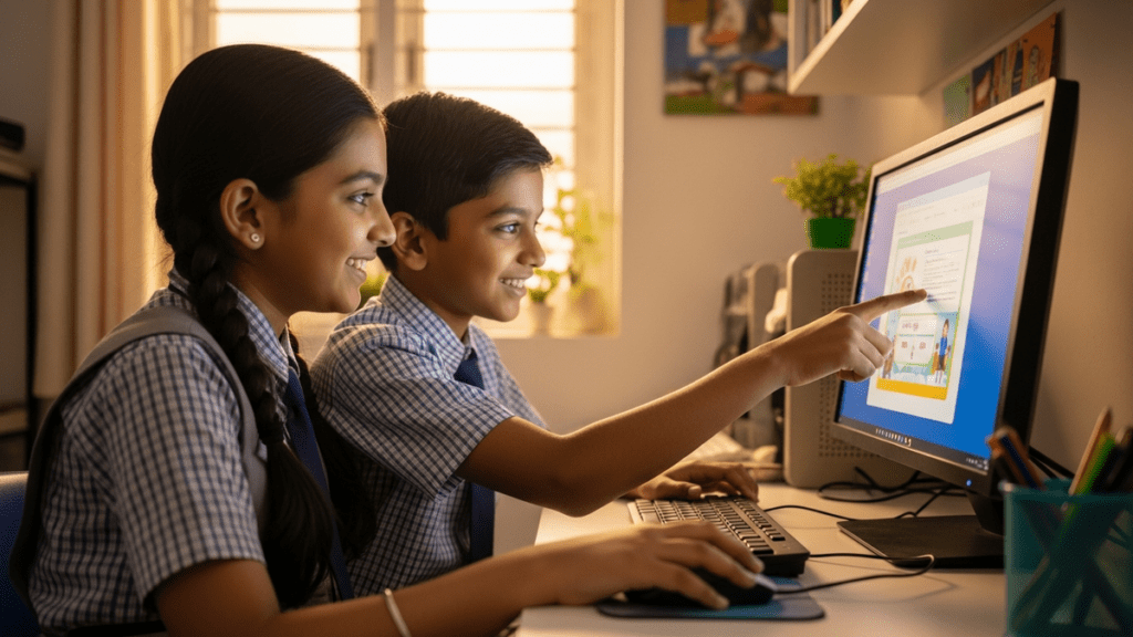Indian children using home computer for students together in study room