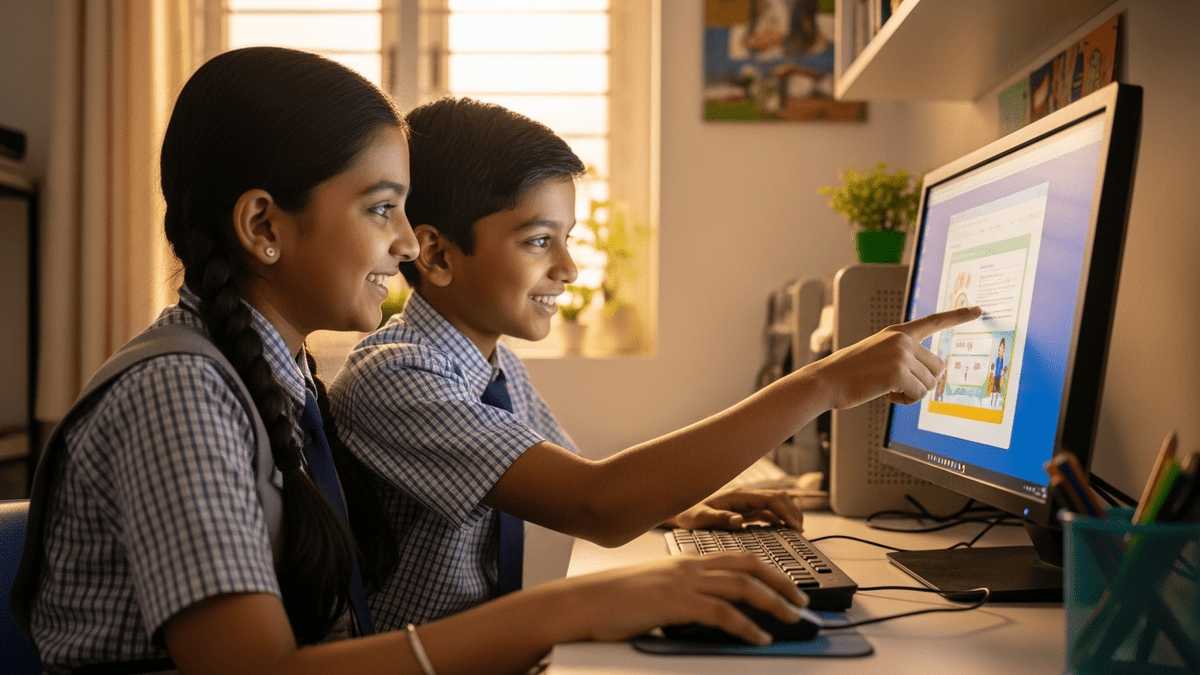 Indian children using home computer for students together in a bright study room