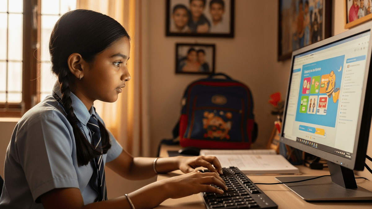 Indian school boy using a home computer for students while studying at home