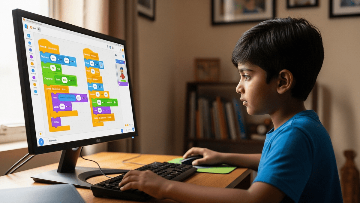 Child learning block-based coding on computer