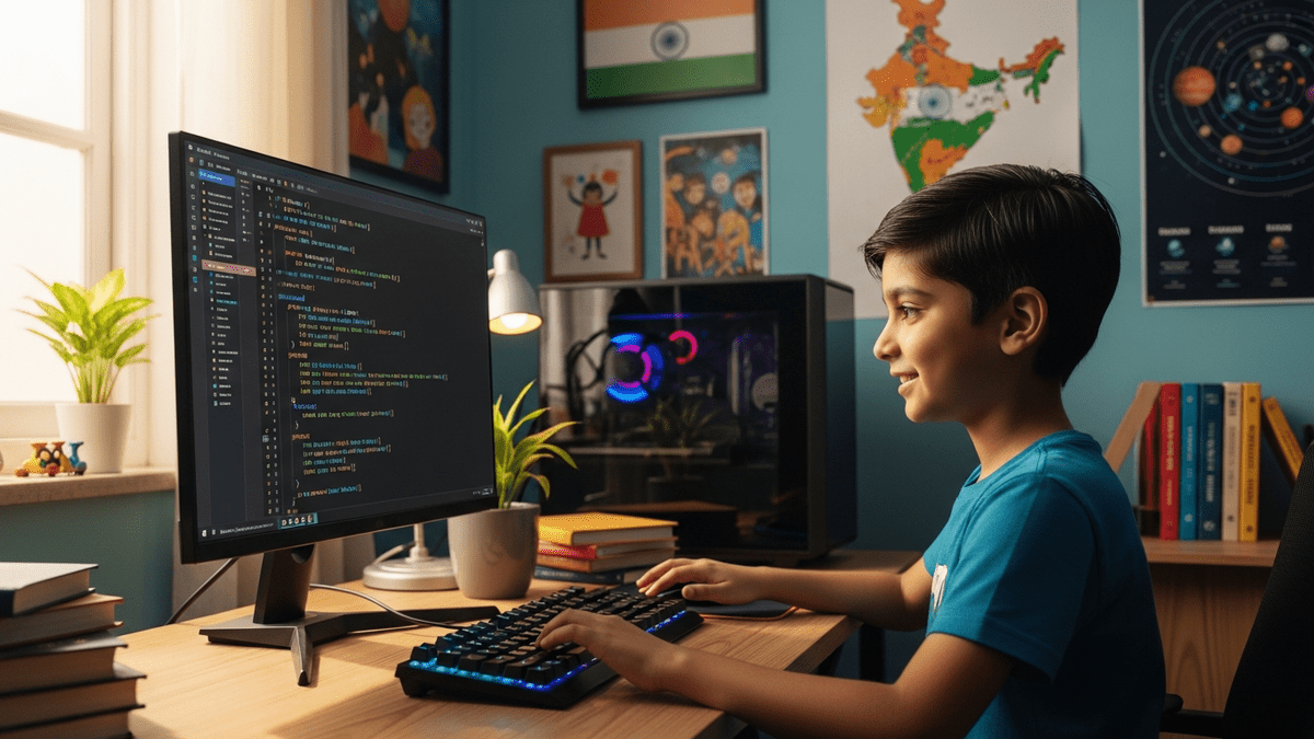 Child coding on desktop computer