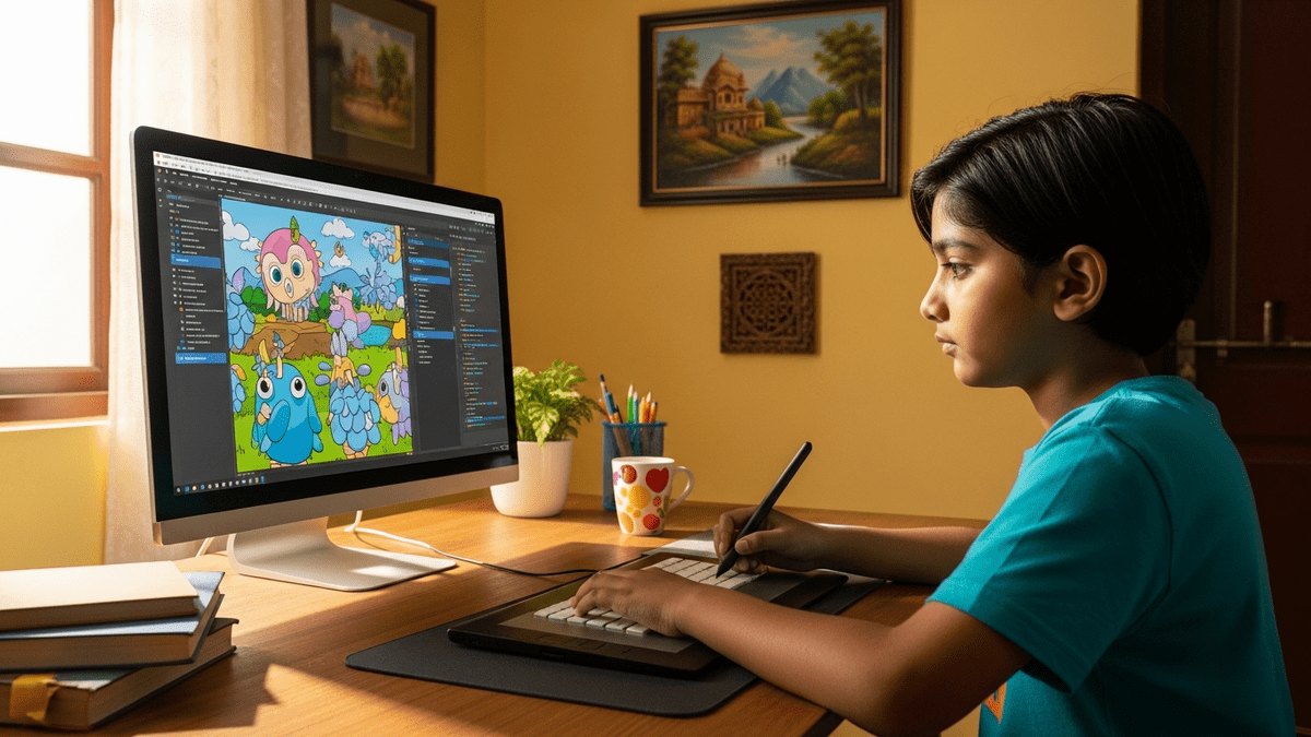 Child doing creative work on computer