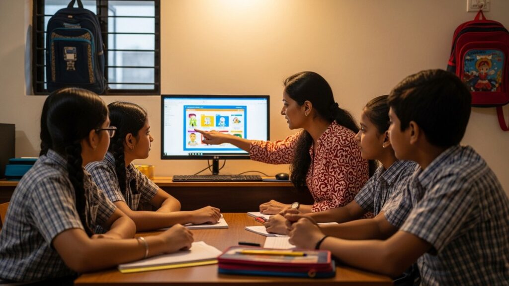 tuition teacher to edupreneur explaining on computer to Indian students