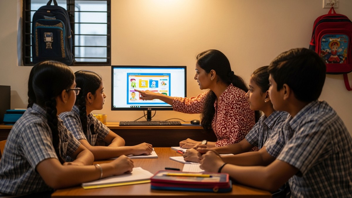 Indian tuition teacher explaining to students on a computer screen in a home learning POD