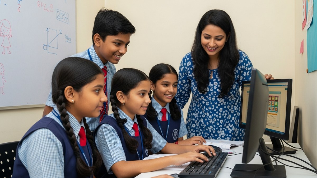 Indian students working together on a desktop computer in a home learning POD run by a tuition teacher turned edupreneur
