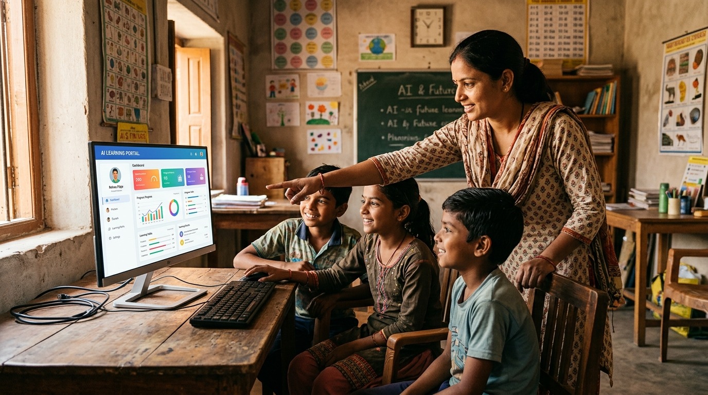 AI for students India - teacher guiding learners with digital tools in home learning environment