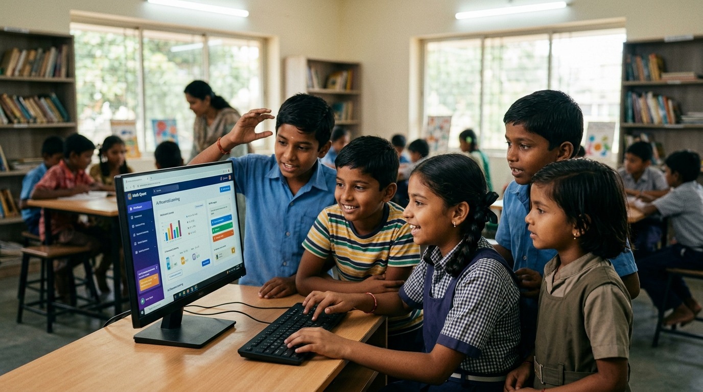 AI for students India - children collaborating on computer in community learning center