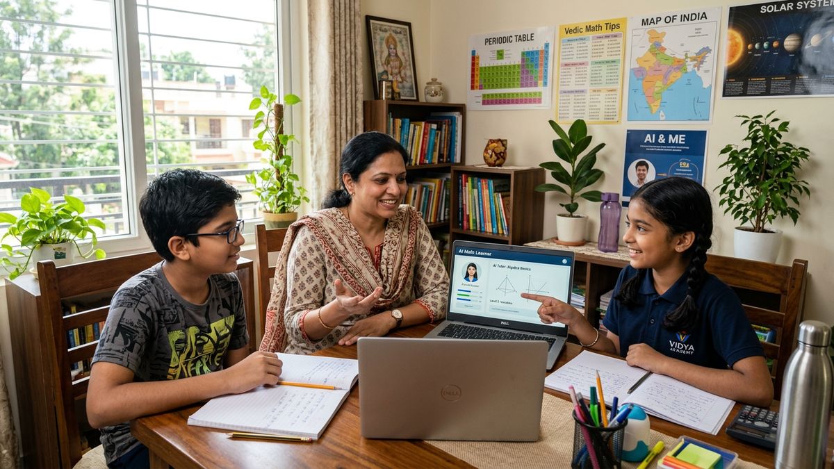AI teaching in Indian PODs with teacher and students collaborating