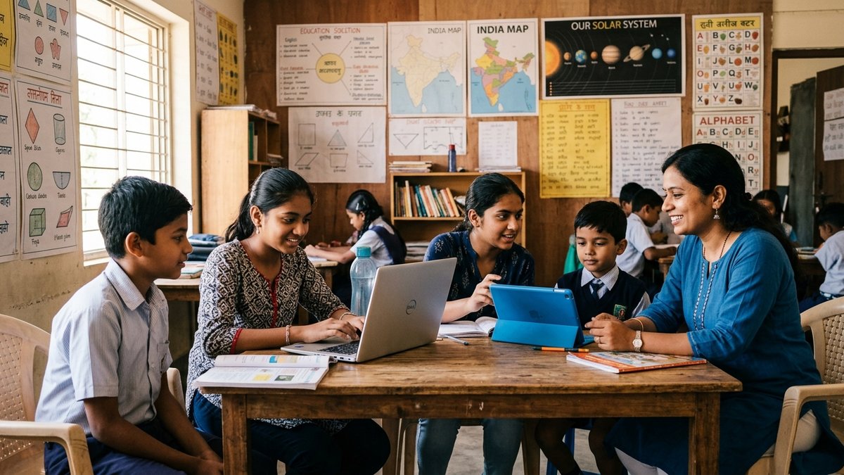 Indian community learning centre with educator and students using computers