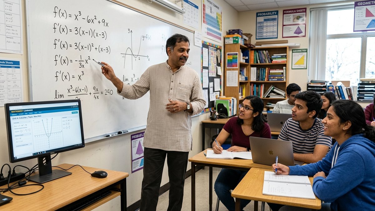 Indian male educator teaching mathematics to students with computer setup