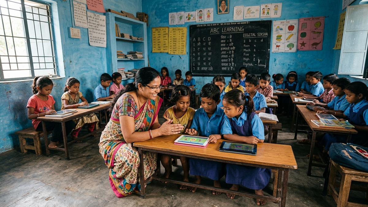 AI tools for Indian teachers helping students with tablets in community learning centre