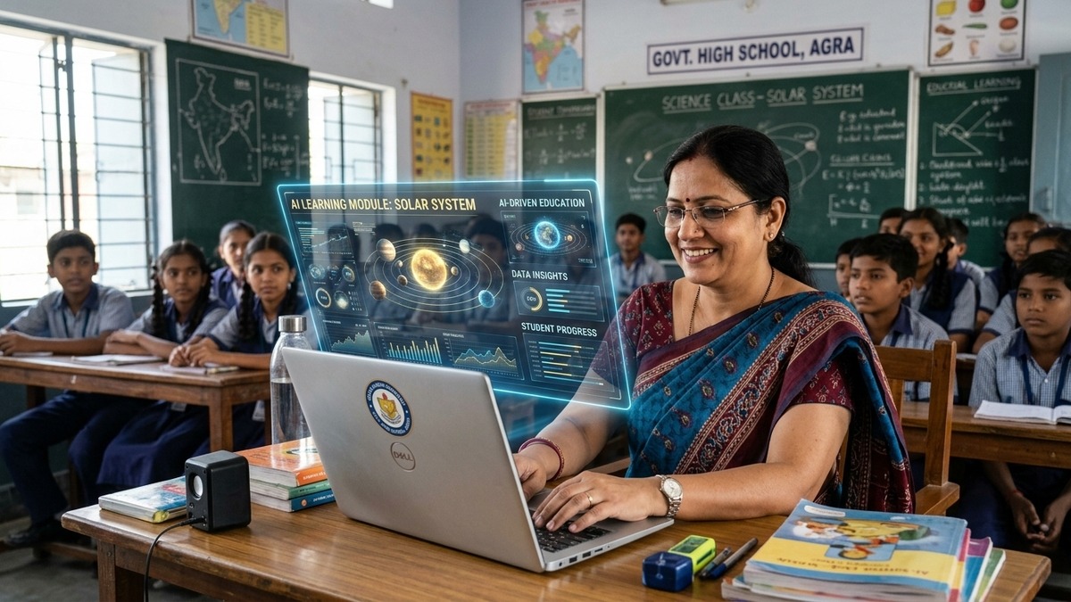 AI tools for Indian teachers using laptop in classroom