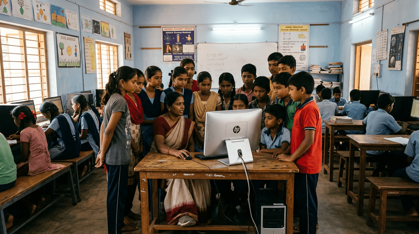 Indian student studying with tablet showing AI learning app