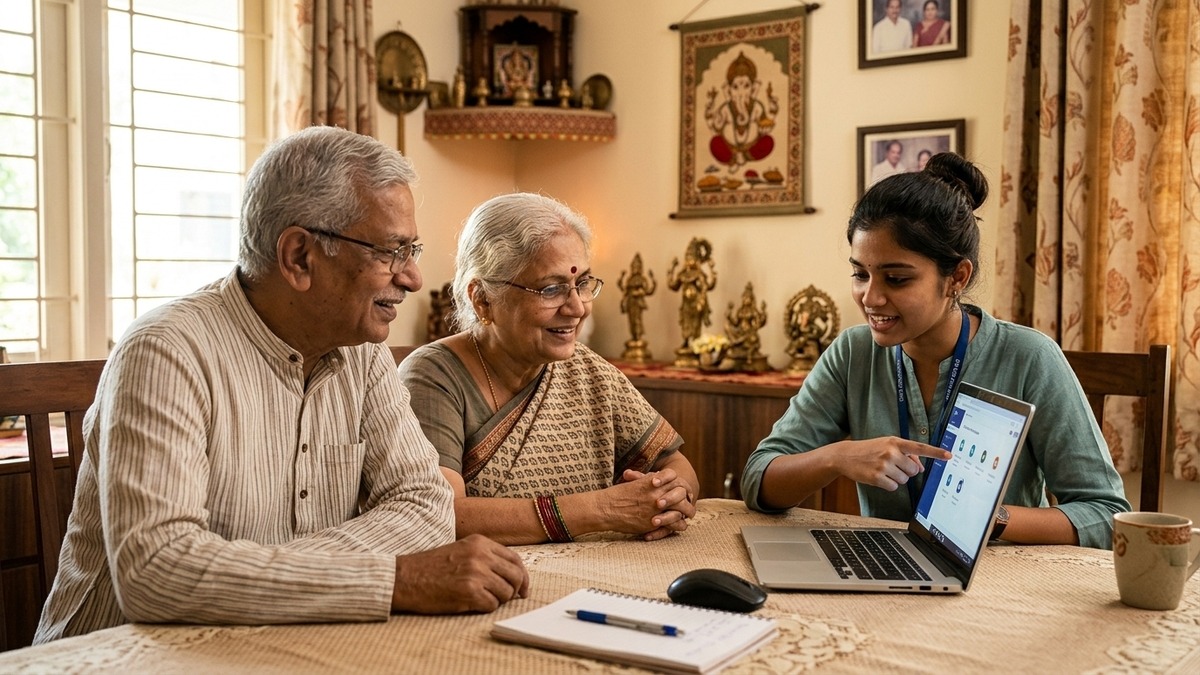 elderly Indian couple learning computer with educator at home