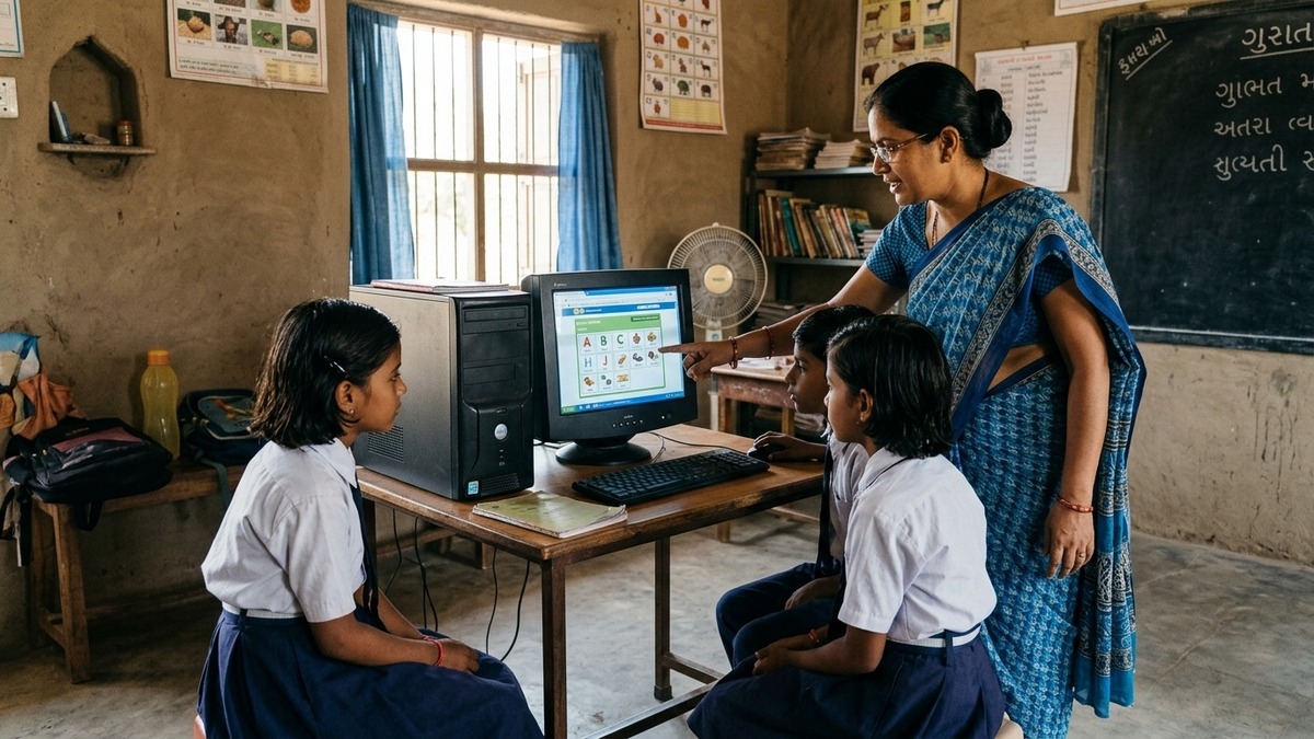 Indian female educator teaching rural students computer coaching centre from home