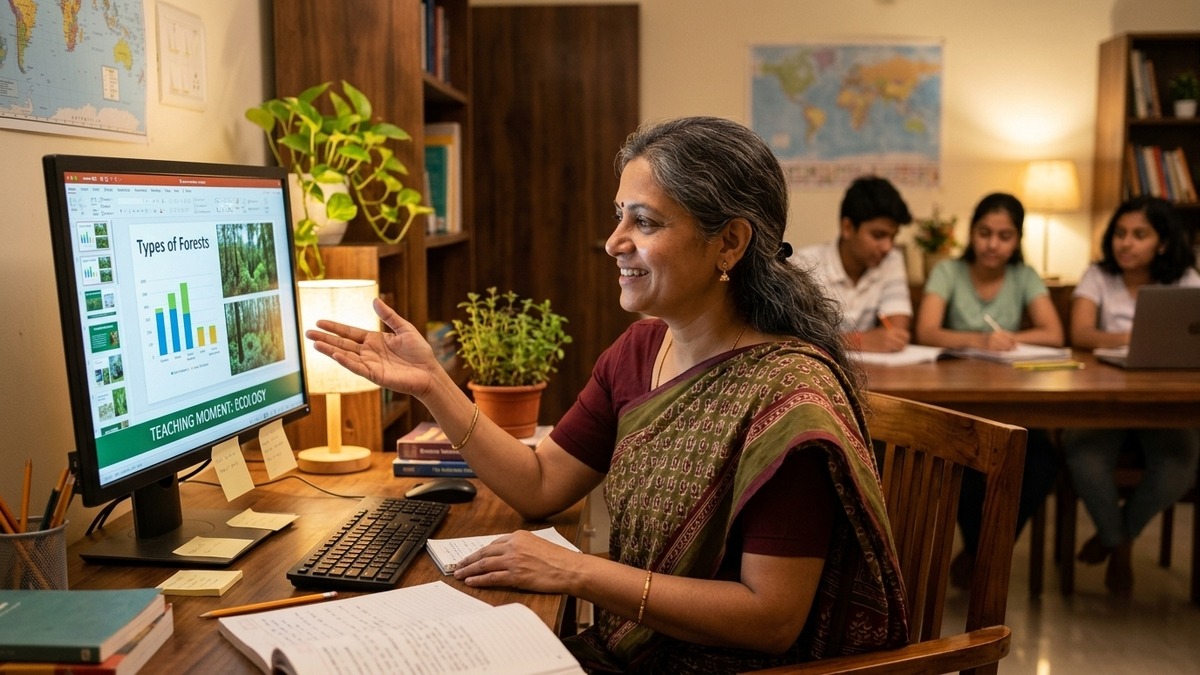 Indian female educator teaching at homemaker earning from home POD