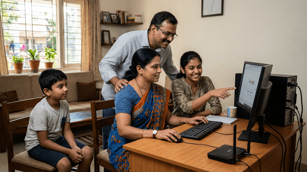 Indian homemaker learning computer at home for best computer course for job