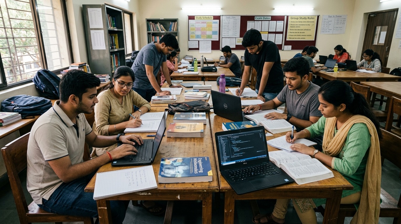 Exam preparation learning POD with students studying together using computers