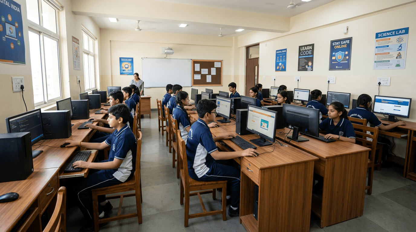 School digital learning lab with students using computers for interactive learning