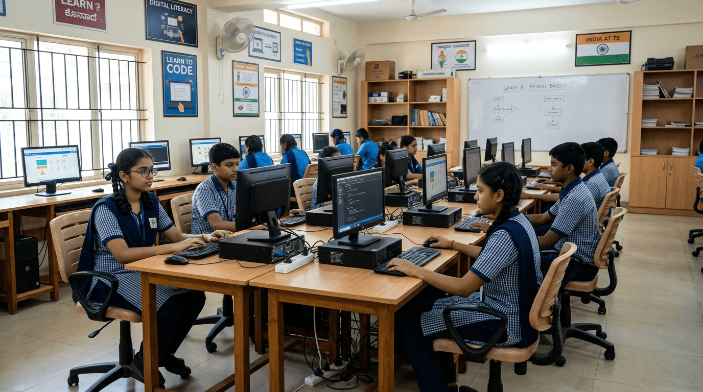 School digital learning lab setup showing multiple computer workstations for student learning