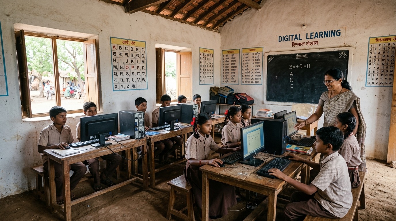Village teacher edupreneur with students in rural classroom setting with computers