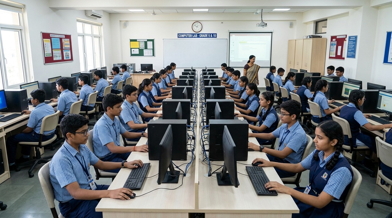 Village teacher edupreneur teaching digital skills to students in rural classroom