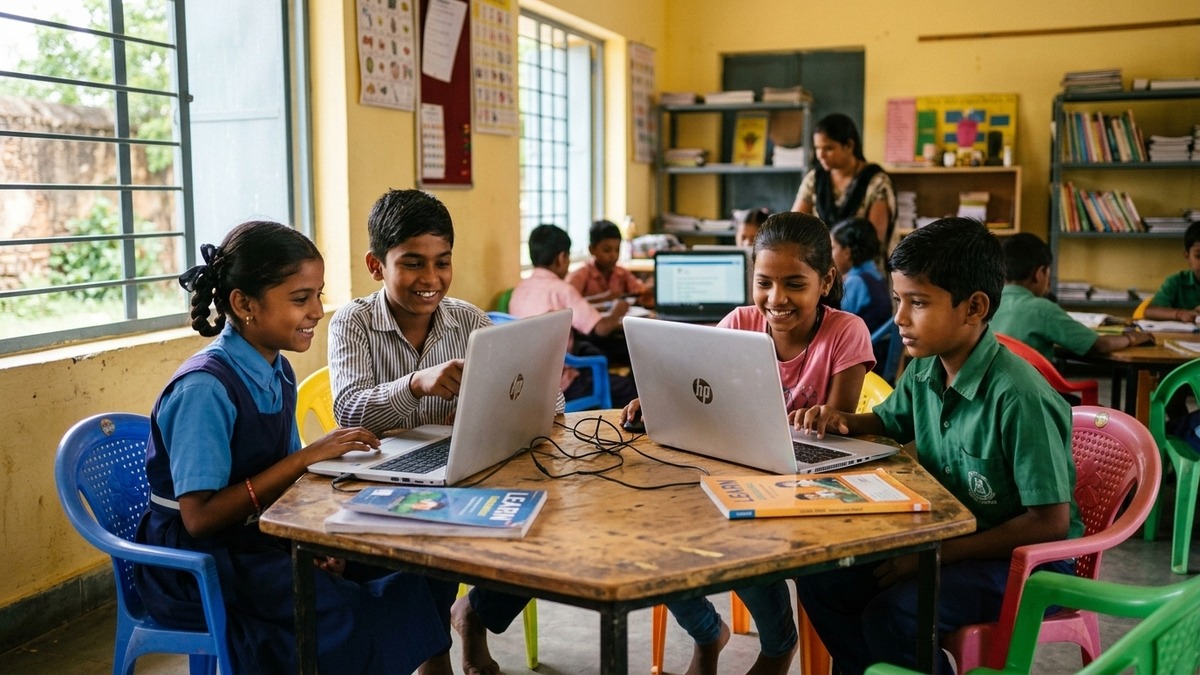 digital literacy for students Indian children learning laptops