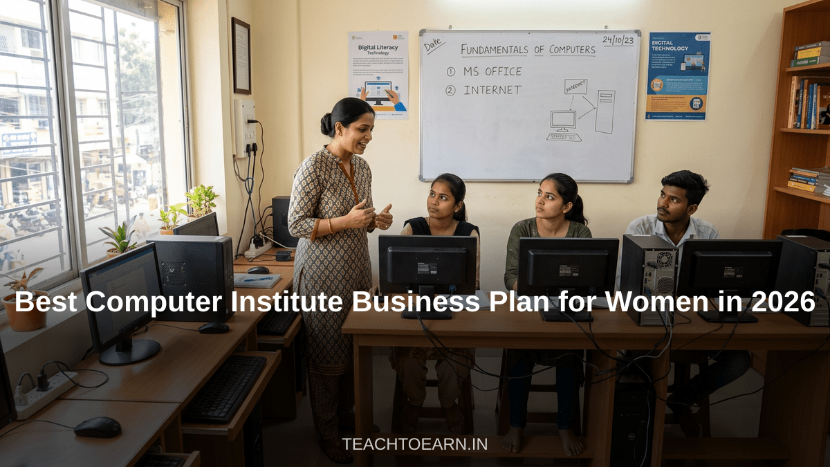 Indian woman entrepreneur teaching computers in a small coaching centre with students at desks