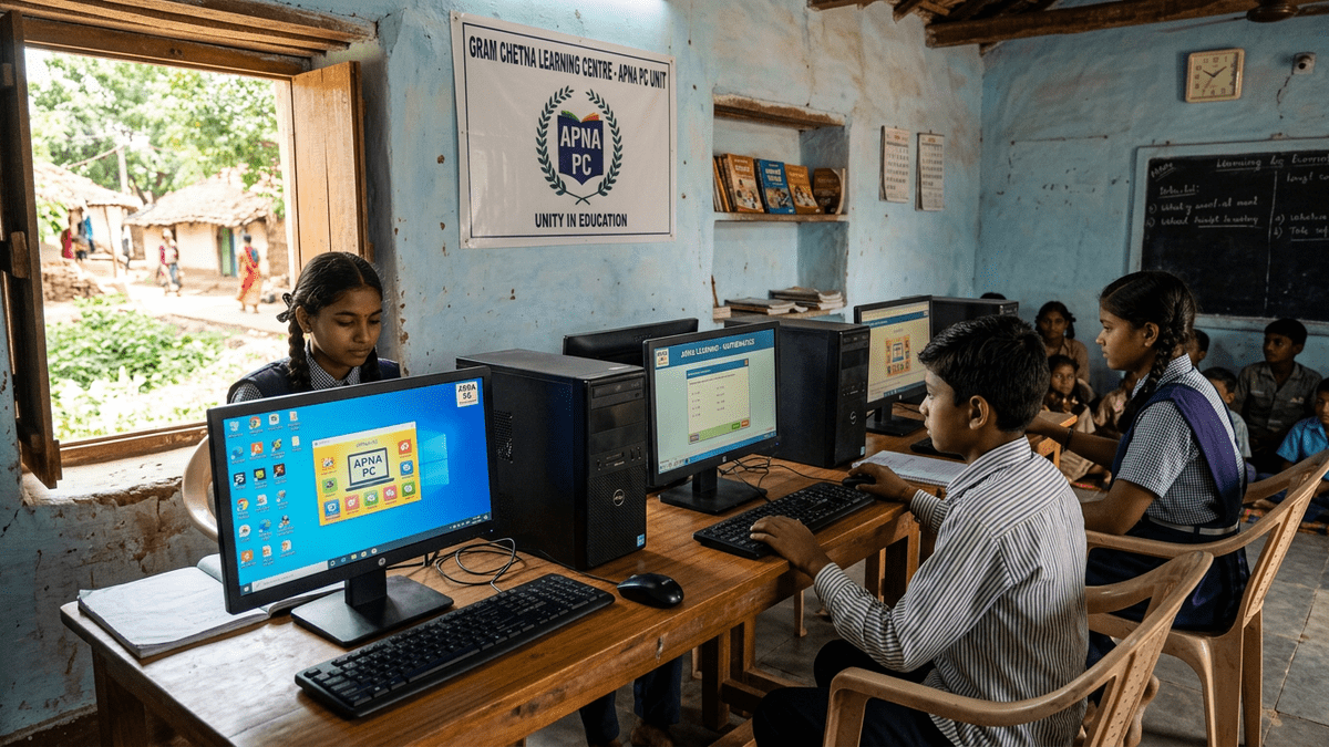 Digital literacy centre in village with APNA PC setup