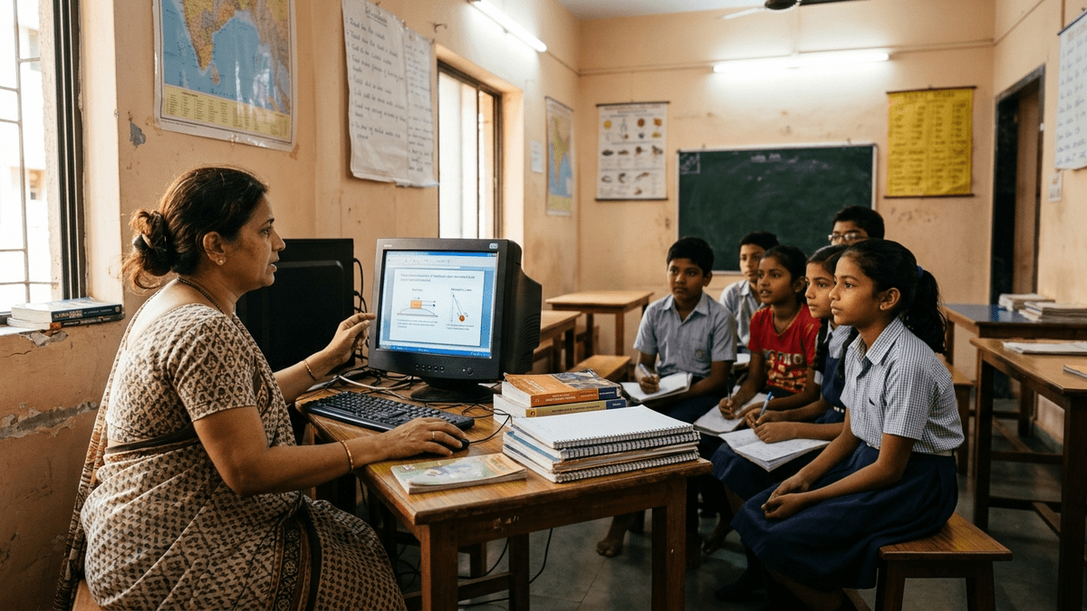 Tuition teacher using computer for teaching in small classroom
