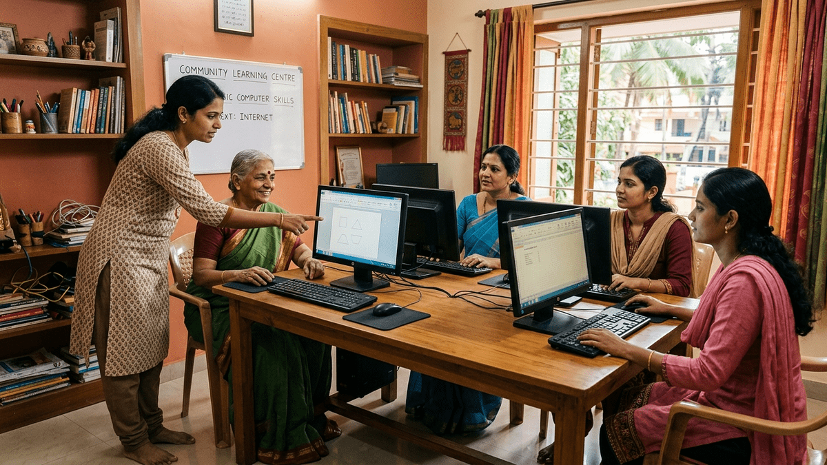 Women learning computer skills together in a community learning centre