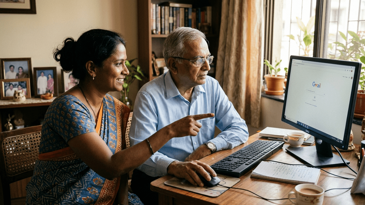 Computer training centre at home - teacher helping senior citizen