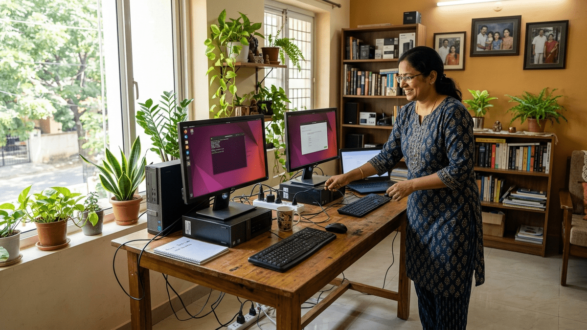 Indian woman setting up a home computer lab with desktop computers in a bright room