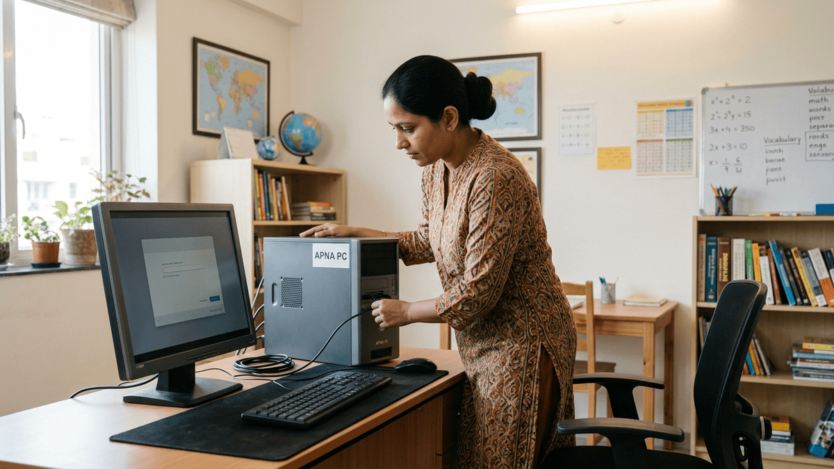 Indian woman setting up computer coaching business from home