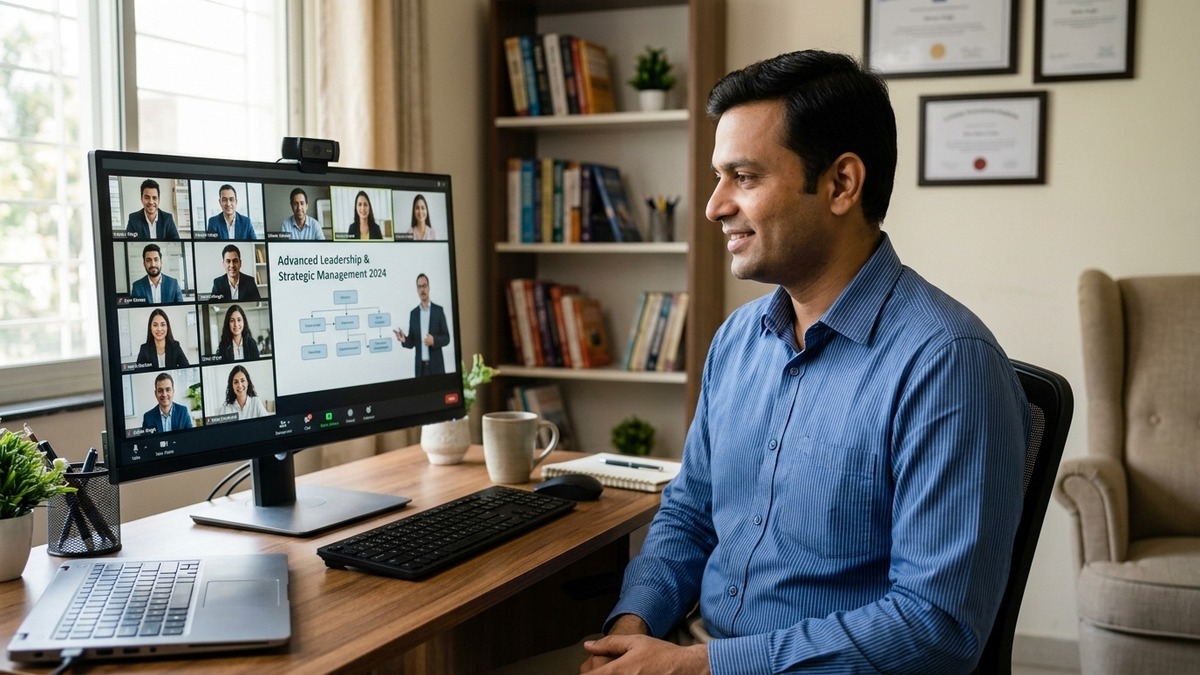 Professional attending online computer course from home